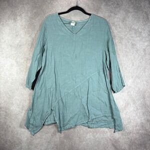 Camille & Co Tunic Women M Green Linen Asymmetrical Boho‎ Lagenlook V-Neck Top